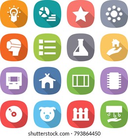 flat vector icon set - bulb vector, diagram, star, round around, virtual mask, list, flask, real estate, atm, bungalow, window, chip, cd, pig, grain elevator, hand dryer