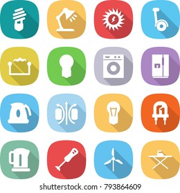 flat vector icon set - bulb vector, table lamp, sun power, gyroscooter, electrostatic, washing machine, fridge, kettle, magnetic field, led, blender, windmill, iron board