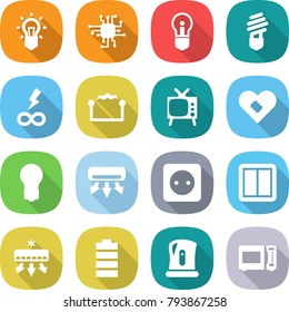 flat vector icon set - bulb vector, chip, infinity power, electrostatic, tv, pacemaker, air conditioning, socket, switch, battery, kettle, microwave oven