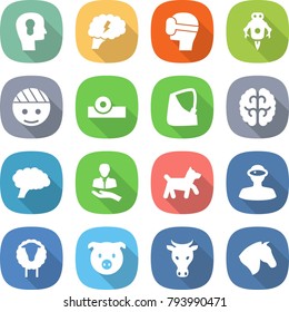 flat vector icon set - bulb head vector, brain, virtual mask, jet robot, bandaged, reflector, broken hand, client, dog, vr helmet, sheep, pig, cow, horse