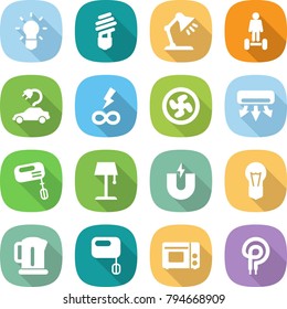 flat vector icon set - bulb vector, table lamp, hoverboard, electric car, infinity power, cooler fan, air conditioning, mixer, floor, magnet, kettle, grill oven, elecric