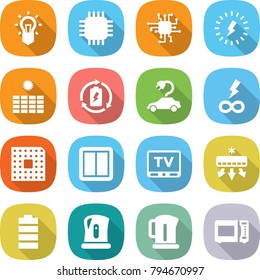 flat vector icon set - bulb vector, chip, lightning, sun power, battery charge, electric car, infinity, cpu, switch, tv, air conditioning, kettle, microwave oven