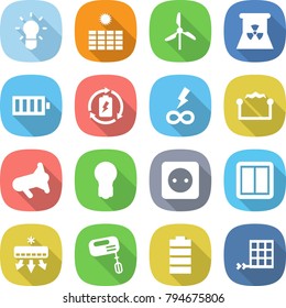 flat vector icon set - bulb vector, sun power, windmill, nuclear, battery, charge, infinity, electrostatic, megafon, socket, switch, air conditioning, mixer, solar panel