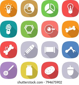 flat vector icon set - bulb vector, circle diagram, hex molecule, cell corection, bone, broken, pencil, fence, robot hand, skimmer, bank, potato, acorn