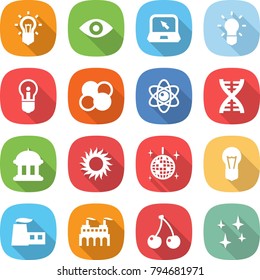 flat vector icon set - bulb vector, eye, notebook, atom core, dna, goverment house, sun, disco ball, factory, cherry, shining
