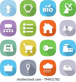 flat vector icon set - bulb vector, hex molecule, bio, satellite antenna, structure, list, home, scooter shipping, heavy, cart, key, factory, pan, handle scales, rain cloud, iron