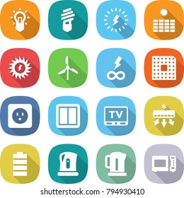 flat vector icon set - bulb vector, lightning, sun power, windmill, infinity, cpu, socket, switch, tv, air conditioning, battery, kettle, microwave oven