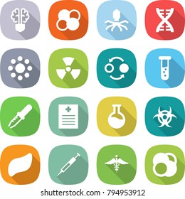 flat vector icon set - bulb brain vector, atom core, virus, dna, round around, nuclear, quantum bond, vial, pipette, recipe, flask, biohazard, liver, syringe, ambulance sign