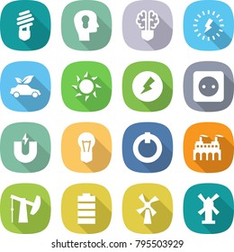 flat vector icon set - bulb vector, head, brain, lightning, eco car, sun, electricity, power socket, magnet, on off button, factory, oil pump, battery, windmill