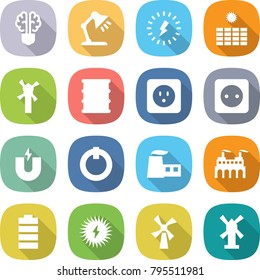 flat vector icon set - bulb brain vector, table lamp, lightning, sun power, windmill, barrel, socket, magnet, on off button, factory, battery, solar