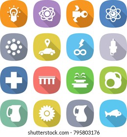 flat vector icon set - bulb vector, atom, satellite, round around, car pointer, infinity power, spark plug, cross, bridge, fountain, core, jug, flower, fish