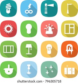 flat vector icon set - bulb vector, infinity power, lighthouse, outdoor light, sun, alarm, window, floor lamp, led, ladle, laser, shining, clean