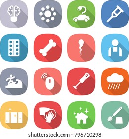 flat vector icon set - bulb brain vector, round around, electric car, crutch, pills blister, bone, sperm, workman, surfer, wireless mouse, blender, rain cloud, clean window, wiping, house cleaning