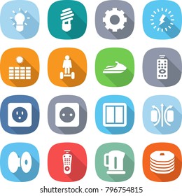 flat vector icon set - bulb vector, gear, lightning, sun power, hoverboard, jet ski, remote control, socket, switch, magnetic field, coil, kettle, pancakes