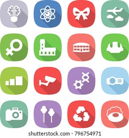 flat vector icon set - bulb brain vector, atom, bow, journey, female sign, mansion, airport building, helmet, sorting, surveillance, dna edit, projector, camera, trees, recycling, soap