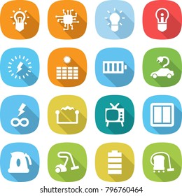 flat vector icon set - bulb vector, chip, lightning, sun power, battery, electric car, infinity, electrostatic, tv, switch, kettle, vacuum cleaner