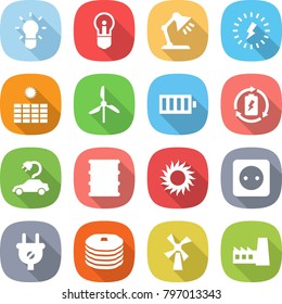 flat vector icon set - bulb vector, table lamp, lightning, sun power, windmill, battery, charge, electric car, barrel, socket, plug, pancakes, factory