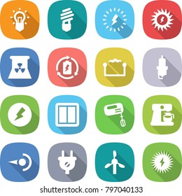 flat vector icon set - bulb vector, lightning, sun power, nuclear, battery charge, electrostatic, spark plug, electricity, switch, mixer, coffee maker, photon, windmill, solar