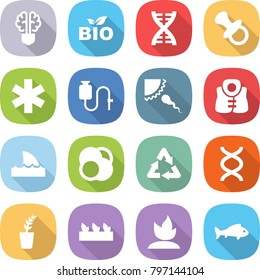 flat vector icon set - bulb brain vector, bio, dna, nipple, ambulance star, dropper, sperm, life vest, shark flipper, atom core, recycle, seedling, sprouting, fish