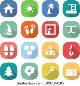 flat vector icon set - bungalow vector, sun, palm, pool, windsurfing, flip flops, flower in window, table, slippers, honeycombs, field, thermometer, spruce, garden, rake, clean