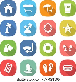 flat vector icon set - bungalow vector, lounger, uv cream, palm, island, hawaiian wreath, starfish, flippers, diving mask, lifebuoy, hammock, inflatable mattress, windsurfing, flip flops, pool