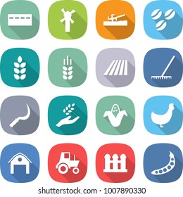 flat vector icon set - bunker vector, windmill, soil cutter, coffee seeds, spike, field, rake, sickle, harvest, corn, chicken, barn, tractor, grain elevator, peas