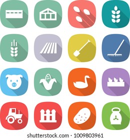 flat vector icon set - bunker vector, greenhouse, seeds, spike, field, shovel, rake, pig, corn, goose, seedling, tractor, grain elevator, potato, fertilizer