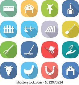 flat vector icon set - bunker vector, barn, windmill, scoop, fence, plow, field, shovel, fork, rake, wheelbarrow, harvest, cow, chicken, horseshoe