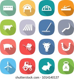 flat vector icon set - bunker vector, barn, greenhouse, soil cutter, cow, field, rake, sickle, pig, wheelbarrow, horseshoe, windmill, tractor, rabbit, fertilizer