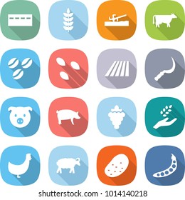 flat vector icon set - bunker vector, spike, soil cutter, cow, coffee seeds, field, sickle, pig, grape, harvest, chicken, sheep, potato, peas