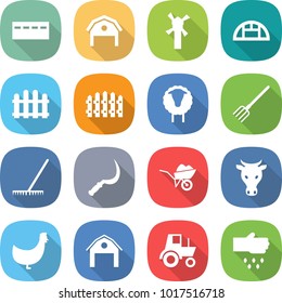 flat vector icon set - bunker vector, barn, windmill, greenhouse, fence, sheep, fork, rake, sickle, wheelbarrow, cow, chicken, tractor, sow