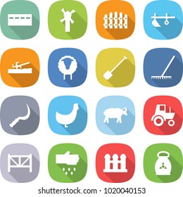 flat vector icon set - bunker vector, windmill, fence, plow, soil cutter, sheep, shovel, rake, sickle, chicken, tractor, farm, sow, grain elevator, fertilizer