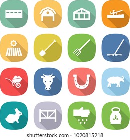 flat vector icon set - bunker vector, barn, greenhouse, soil cutter, field, shovel, fork, rake, wheelbarrow, cow, horseshoe, sheep, rabbit, farm fence, sow, fertilizer