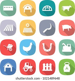 flat vector icon set - bunker vector, barn, greenhouse, cow, field, sickle, pig, wheelbarrow, chicken, horseshoe, harvester, tractor, grain elevator, fertilizer