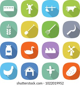 flat vector icon set - bunker vector, windmill, plow, cow, spike, shovel, fork, sickle, flour, goose, seedling, chicken, barn, scarecrow, potato