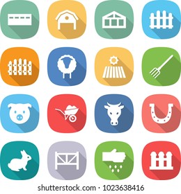 flat vector icon set - bunker vector, barn, greenhouse, fence, sheep, field, fork, pig, wheelbarrow, cow, horseshoe, rabbit, farm, sow, grain elevator