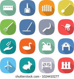 flat vector icon set - bunker vector, scoop, fence, shovel, fork, rake, sickle, wheelbarrow, harvest, goose, harvester, barn, windmill, rabbit, farm, grain elevator