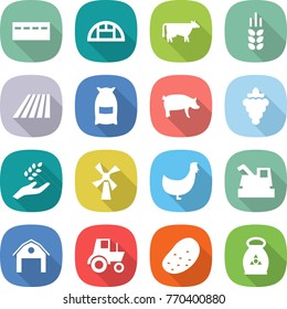 flat vector icon set - bunker vector, greenhouse, cow, spike, field, flour, pig, grape, harvest, windmill, chicken, harvester, barn, tractor, potato, fertilizer