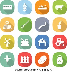 flat vector icon set - bunker vector, spike, soil cutter, cow, field, fork, sickle, seedling, windmill, harvester, barn, tractor, scarecrow, grain elevator, potato, fertilizer