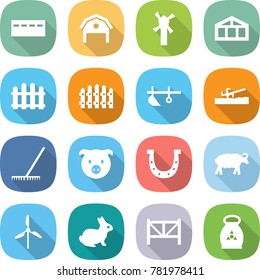 flat vector icon set - bunker vector, barn, windmill, greenhouse, fence, plow, soil cutter, rake, pig, horseshoe, sheep, rabbit, farm, fertilizer