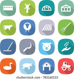 flat vector icon set - bunker vector, windmill, greenhouse, cow, sheep, field, fork, rake, sickle, pig, harvest, goose, barn, tractor