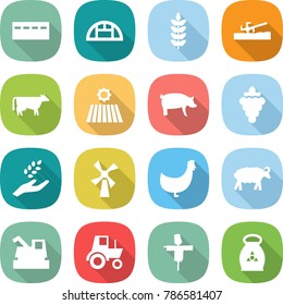 flat vector icon set - bunker vector, greenhouse, spike, soil cutter, cow, field, pig, grape, harvest, windmill, chicken, sheep, harvester, tractor, scarecrow, fertilizer