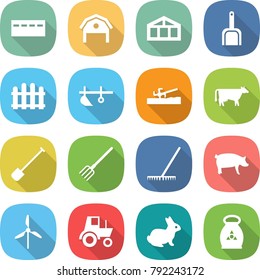 flat vector icon set - bunker vector, barn, greenhouse, scoop, fence, plow, soil cutter, cow, shovel, fork, rake, pig, windmill, tractor, rabbit, fertilizer