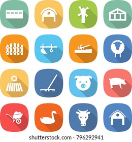 flat vector icon set - bunker vector, barn, windmill, greenhouse, fence, plow, soil cutter, sheep, field, rake, pig, wheelbarrow, goose, cow