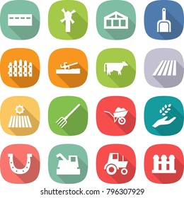 flat vector icon set - bunker vector, windmill, greenhouse, scoop, fence, soil cutter, cow, field, fork, wheelbarrow, harvest, horseshoe, harvester, tractor, grain elevator