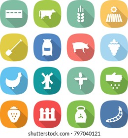 flat vector icon set - bunker vector, cow, spike, field, shovel, flour, pig, grape, chicken, windmill, scarecrow, sow, strawberry, grain elevator, fertilizer, peas