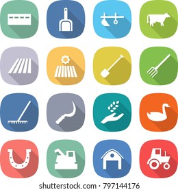 flat vector icon set - bunker vector, scoop, plow, cow, field, shovel, fork, rake, sickle, harvest, goose, horseshoe, harvester, barn, tractor