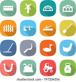 flat vector icon set - bunker vector, windmill, greenhouse, fence, plow, soil cutter, shovel, rake, sickle, goose, chicken, horseshoe, harvester, tractor, fertilizer