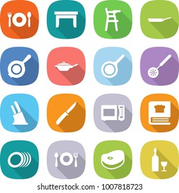 flat vector icon set - cafe vector, table, Chair for babies, pan, skimmer, knife holder, microwave oven, cooking book, plates, fork spoon plate, steak, wine