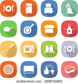 flat vector icon set - cafe vector, fridge, toaster, stands for knives, saute pan, chief hat, apron, whisk, grill oven, salt pepper, fork spoon plate, sieve, sponge, dish cleanser, with foam
